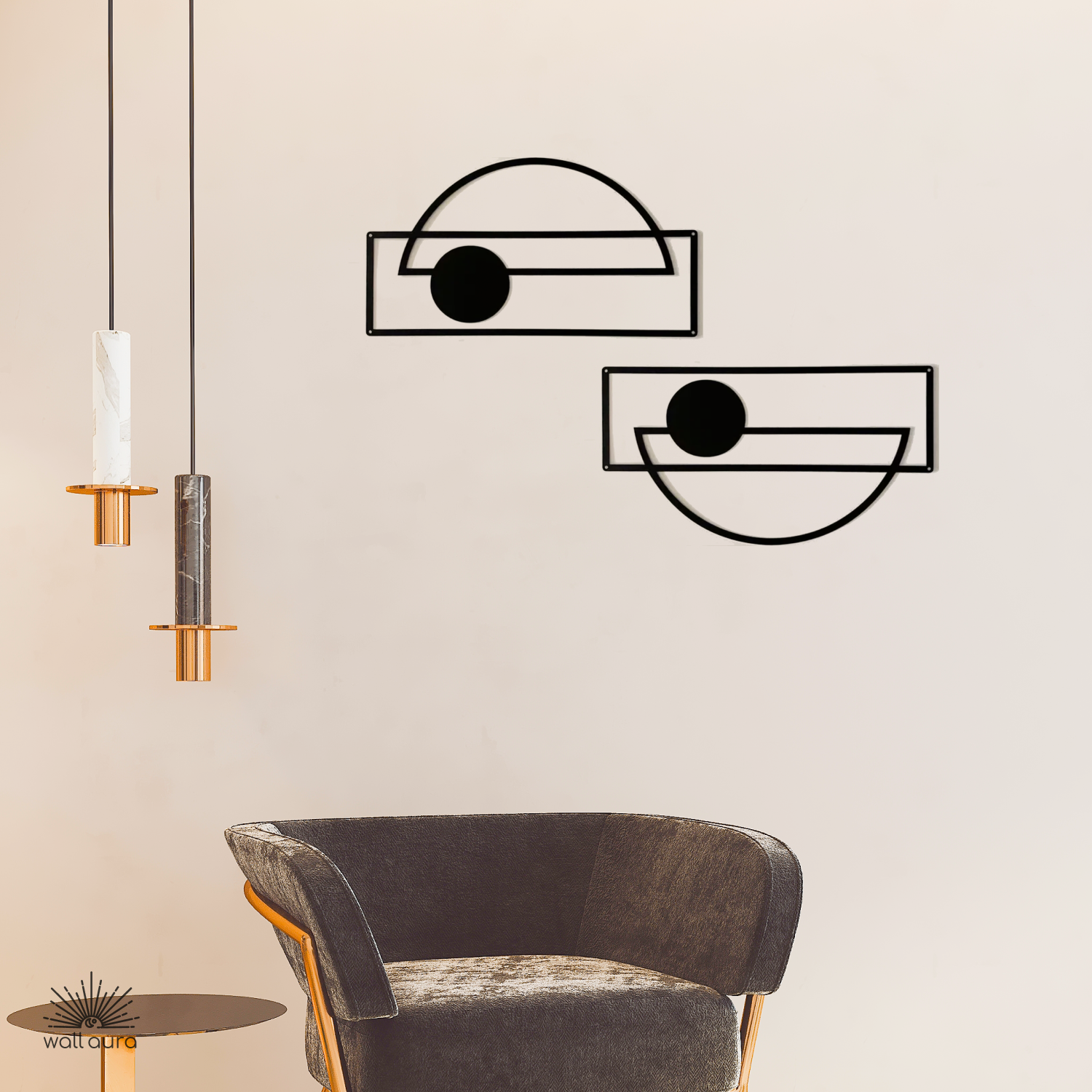 סט קווים ועיגולים אבסטרקטיים ממתכת לקיר