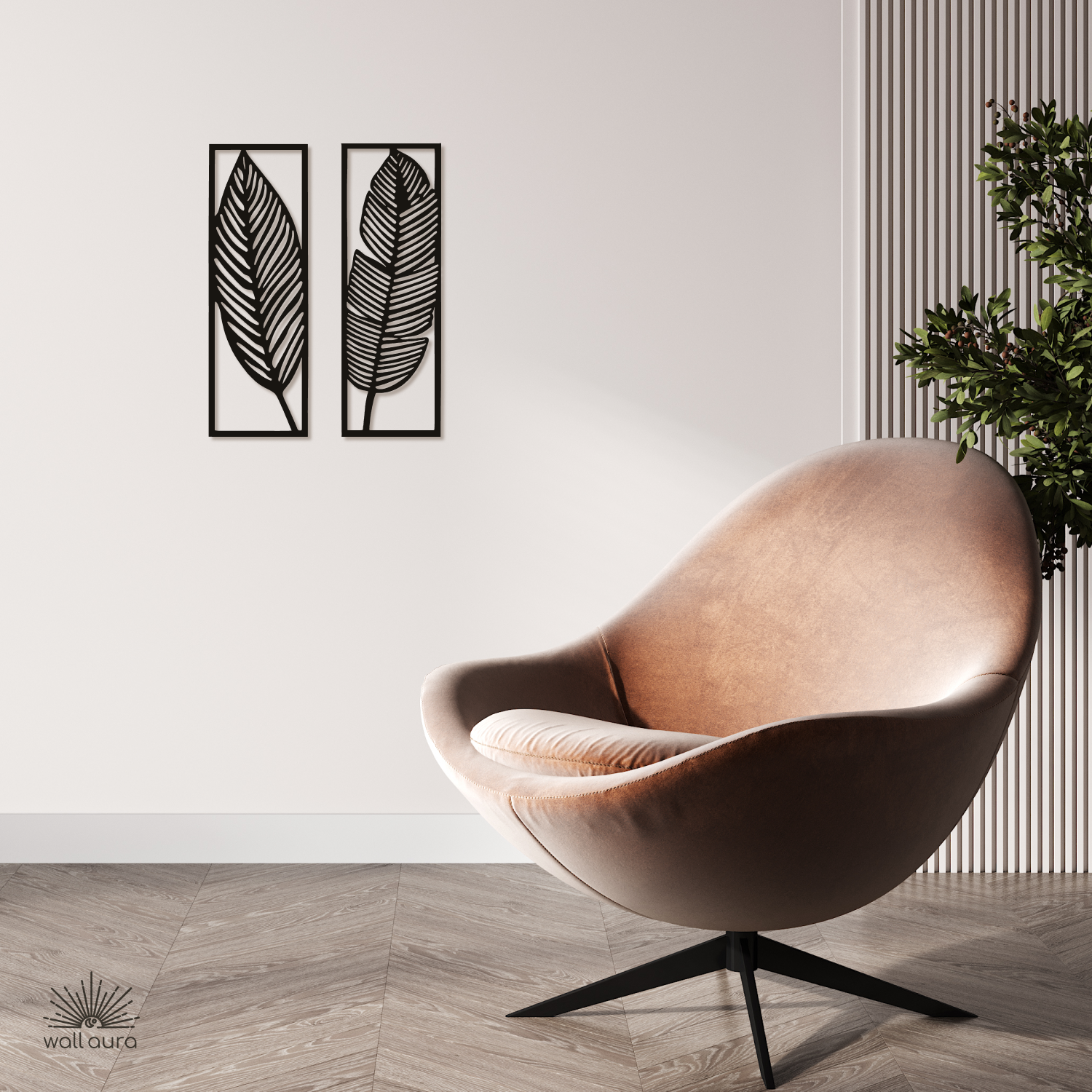 תמונת קיר ממתכת – זוג עלים דקורטיביים במסגרת