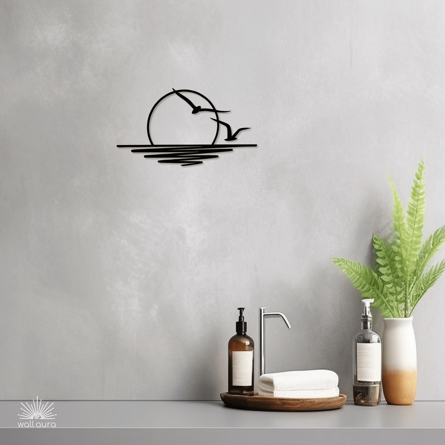 תמונת קיר ממתכת – שקיעה עם ציפורים